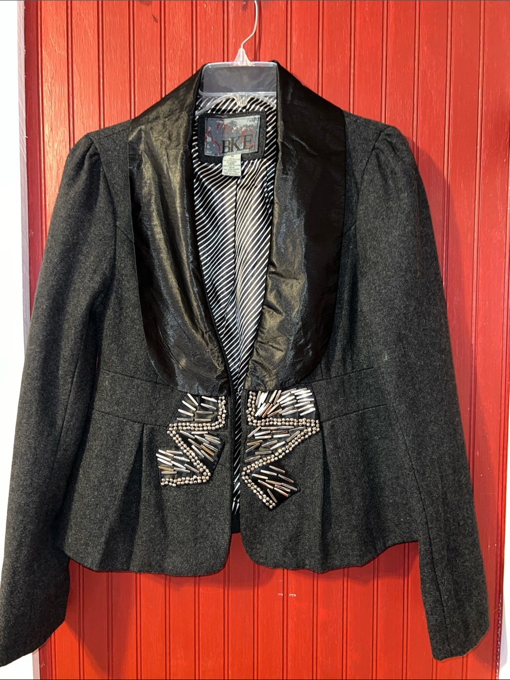 BKE Jacket Women Medium Wool Blend Cropped Peplum Embellished Tuxedo Blazer Y2K